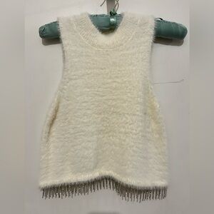 Zara Angora Cream Sleeveless Top with Rhinestone Fringe
